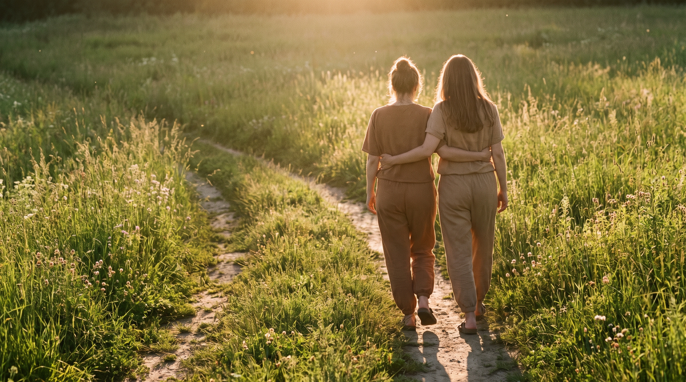 Two friends walking together at golden hour
