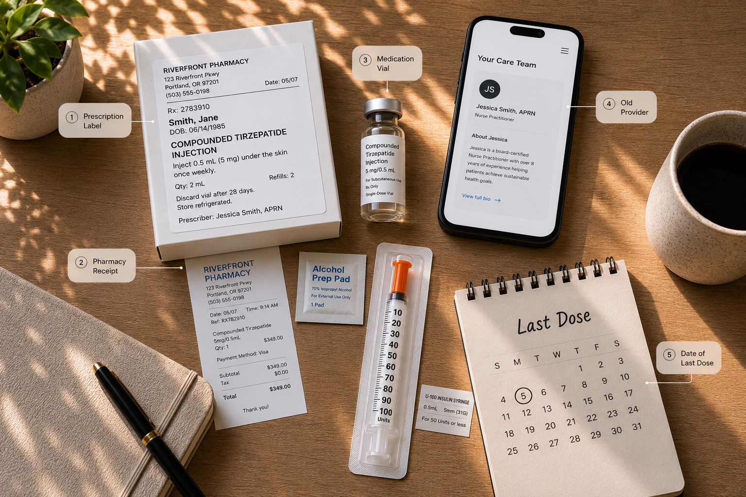 Overhead view of everything to gather before switching: prescription box and label, pharmacy receipt, GLP-1 medication vial, unopened syringe, a phone showing your current provider, and a calendar marking your last dose